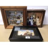 THREE VINTAGE WOODEN CASED MODEL DISPLAYS OF DOLLS AND A SHIP, LARGEST IS 28CM X 12CM X 28CM