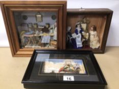 THREE VINTAGE WOODEN CASED MODEL DISPLAYS OF DOLLS AND A SHIP, LARGEST IS 28CM X 12CM X 28CM