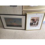 A FRAMED AND GLAZED PRINT SIGNED PETER SCOTT (3 MALLARDS) AND A FRAMED AND GLAZED WATERCOLOUR A