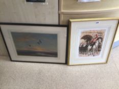 A FRAMED AND GLAZED PRINT SIGNED PETER SCOTT (3 MALLARDS) AND A FRAMED AND GLAZED WATERCOLOUR A