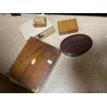 FIVE VINTAGE WOODEN BOXES A/F, MOST IN RECTANGULAR FORM, INCLUDING TWO MUSIC BOXES, ONE LABELED