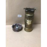 TWO WWI TRENCH ART PIECES, ONE IS A GERMAN 88MM SHELL CASE SHAPED INTO A VASE ENGRAVED ‘SOUVENIR