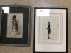 TWO FRAMED AND GLAZED MILITARY WATERCOLOURS, THE GUNNERS, 'FIRST AMONG THE LADIES' SIGNED CROWE