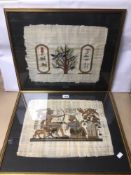 TWO LANDSCAPE PAINTED PAPYRUS'S OF EGYPTIAN SCENES, ONE SIGNED