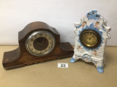 TWO MANTEL CLOCKS ONE OF WHICH, IS PORCELAIN WITH HAND-PAINTED ANGELS, TALLEST IS 21CM
