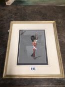 A FRAMED AND GLAZED WATERCOLOUR TITLED THE COLDSTREAM GUARDS SIGNED CEDRIC (GERALD CEDRIC HUDSON) 44
