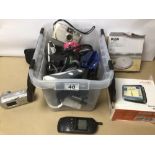 A BOX OF MIXED CAMERAS AND ACCESSORIES WITH SAT NAV AND MORE