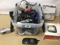 A BOX OF MIXED CAMERAS AND ACCESSORIES WITH SAT NAV AND MORE