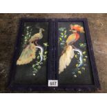 A PAIR OF FRAMED PAINTINGS OF BIRDS WITH REAL FEATHERS 39 X 19CM