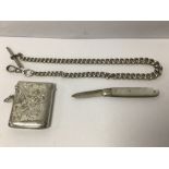 HALLMARKED SILVER ITEMS, VESTA CASE, WATCH CHAIN & FRUIT KNIFE