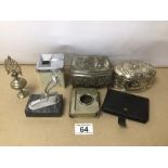 A MIXED COLLECTION OF WHITE METAL AND PLATED ITEMS, INCLUDING AN ASHTRAY, JEWELLERY BOX, MINI