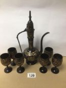 A SEVEN PIECE MIDDLE EASTERN ENAMEL GILDED METAL COFFEE SET 28CM IN HEIGHT