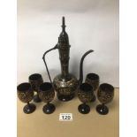 A SEVEN PIECE MIDDLE EASTERN ENAMEL GILDED METAL COFFEE SET 28CM IN HEIGHT