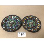 A PAIR OF EARLY CONTINENTAL CIRCULAR BRONZE AND COLOURED ENAMEL DISHES, 11CM IN DIAMETER