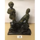 THREE RESIN FIGURES, A LION, A SPHINX AND A BOY, LARGEST IS 27CM