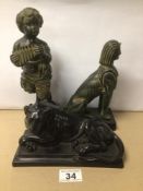 THREE RESIN FIGURES, A LION, A SPHINX AND A BOY, LARGEST IS 27CM