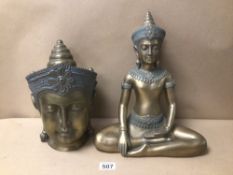 TWO ‘PAST TIMES’ WOODEN BUDDHA HEAD AND FIGURE LARGEST BEING 35CM IN HEIGHT