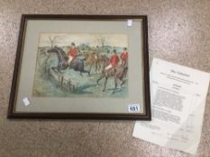 A FRAMED AND GLAZED WATERCOLOUR SIGNED R.W CHUBB DATED 1895 TITLED A HUNTING SCENE COMES WITH