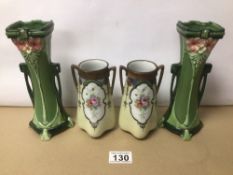 TWO SEPARATE PAIRS OF ART NOUVEAU STYLED MINIATURE VASES, DECORATED WITH FLOWERS. ALL STAMPED TO