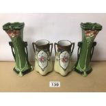 TWO SEPARATE PAIRS OF ART NOUVEAU STYLED MINIATURE VASES, DECORATED WITH FLOWERS. ALL STAMPED TO