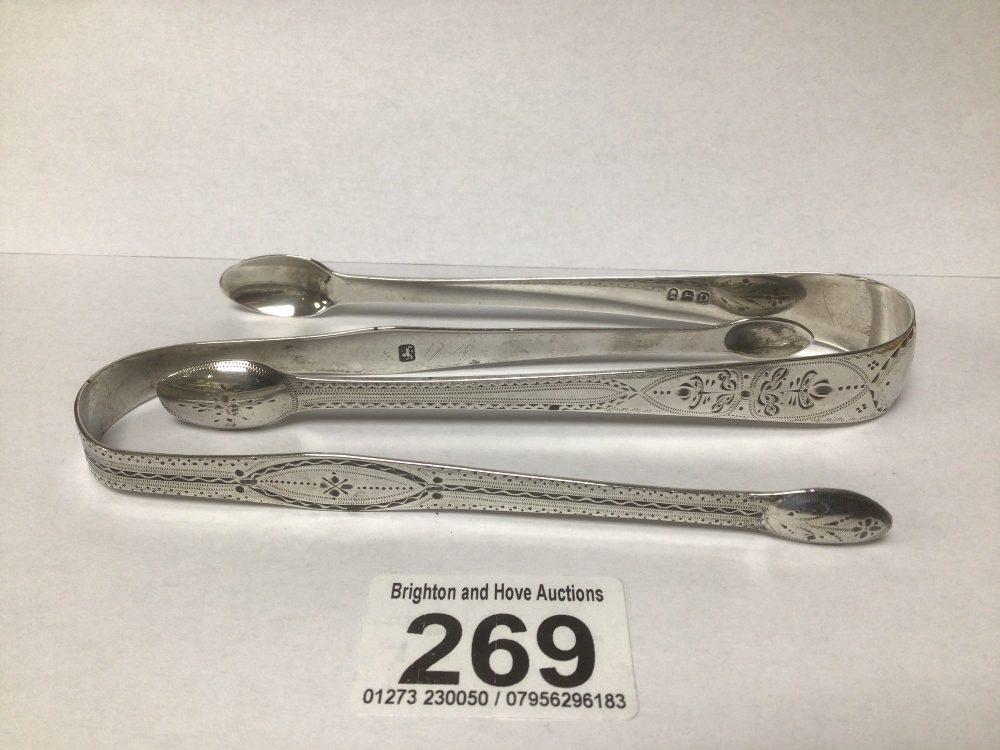 TWO PAIRS OF GEORGE III HALLMARKED SILVER BRIGHT CUT SUGAR TONGS, 14CM, 66G