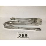 TWO PAIRS OF GEORGE III HALLMARKED SILVER BRIGHT CUT SUGAR TONGS, 14CM, 66G