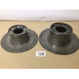 TWO GEORGIAN PEWTER CIRCULAR INKWELLS LARGEST BEING 20CM IN DIAMETER