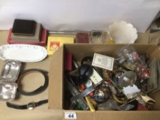 A BOX OF MAINLY VINTAGE COSTUME JEWELLERY WITH SOME CERAMICS