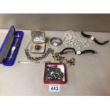 A QUANTITY OF VINTAGE COSTUME JEWELLERY, INCLUDES JEWEL CRAFT AND PULSAR, MONTINE WATCHES