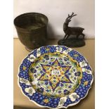 A VINTAGE BRASS VASE WITH A STAG METAL FIGURE AND A DECORATIVE TURKISH WALL PLATE WITH MARKINGS