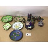 A COLLECTION OF MINIATURE CLOISONNE VASES, BIRDS, AND MORE, NO MARKS & STAMPS TO BASE