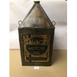 AN EARLY GAMAGES MOTOR OIL PYRAMID CAN 26CM X 49CM