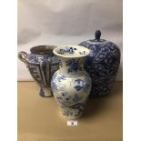 THREE BLUE AND WHITE PORCELAIN VASES, DECORATED WITH FLOWERS, A/F ONE SIGNED DOMINGO PUNTER, R.14,