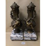 A PAIR OF CIRCA 19TH CENTURY BRONZE ON MARBLE BASES GARNITURES, 48CM