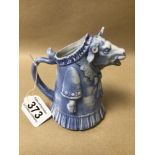 A BLUE AND WHITE PORCELAIN CREAM JUG IN THE FORM OF A COW A/F, NO MARKINGS TO BASE, 14CM IN HEIGHT