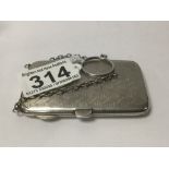 A HALLMARKED SILVER RECTANGULAR ENGINE TURNED LADIES CIGARETTE CASE ON CHAIN, 8CM, 62G