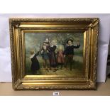 AN ORNATE GILDED FRAME OIL ON BOARD OF YOUNG CHILDREN PLAYING UNSIGNED 57CM X 48CM