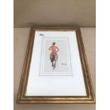 A FRAMED AND GLAZED WATERCOLOUR SIGNED SNAFFLES OF A GENT ON A HORSE, 35 X 50CM