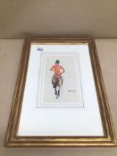 A FRAMED AND GLAZED WATERCOLOUR SIGNED SNAFFLES OF A GENT ON A HORSE, 35 X 50CM