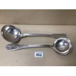 TWO LARGE WHITE METAL LADLES, MARKED 800 AND WISKEMANN, LARGEST 34CM