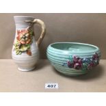 TWO VINTAGE PIECES OF CLARICE CLIFF, JUG 22CM AND BOWL 21CM A/F