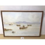 A FRAMED AND GLAZED WATERCOLOUR, SIGNED E. GIANNI OF A BOATING SCENE IN NAPLES BAY 51CM X 35CM