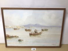 A FRAMED AND GLAZED WATERCOLOUR, SIGNED E. GIANNI OF A BOATING SCENE IN NAPLES BAY 51CM X 35CM