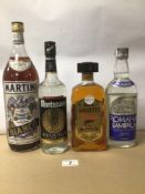 FOUR VINTAGE SEALED, WITH CONTENTS, BOTTLES OF SPIRITS, WHICH ARE, TEQUILA, VERMOUTH, SAMBUCA AND