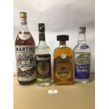 FOUR VINTAGE SEALED, WITH CONTENTS, BOTTLES OF SPIRITS, WHICH ARE, TEQUILA, VERMOUTH, SAMBUCA AND