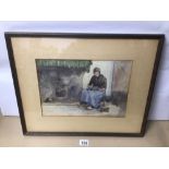 A FRAMED AND GLAZED SIGNED MARY MCCROSSAN (1865-1934) WATERCOLOUR OF A SEATED FIGURE BY THE