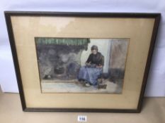 A FRAMED AND GLAZED SIGNED MARY MCCROSSAN (1865-1934) WATERCOLOUR OF A SEATED FIGURE BY THE