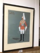 A FRAMED AND GLAZED WATERCOLOUR OF ‘HIS MAJESTY’S LIFEGUARDS’ SIGNED SNIPER, 35CM X 46CM