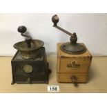 TWO EARLY VINTAGE COFFEE GRINDERS, A CAST IRON AND BRASS ‘ARCHIBALD AND SONS LIMITED’ AND A PINE AND