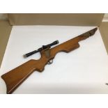 A BRASS-BOUND WOODEN CROSSBOW A/F WITH NIKKO STIRLING 4 X 20 SCOPE